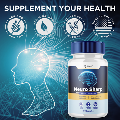 Neuro Sharp supplement packaging with wellness icons