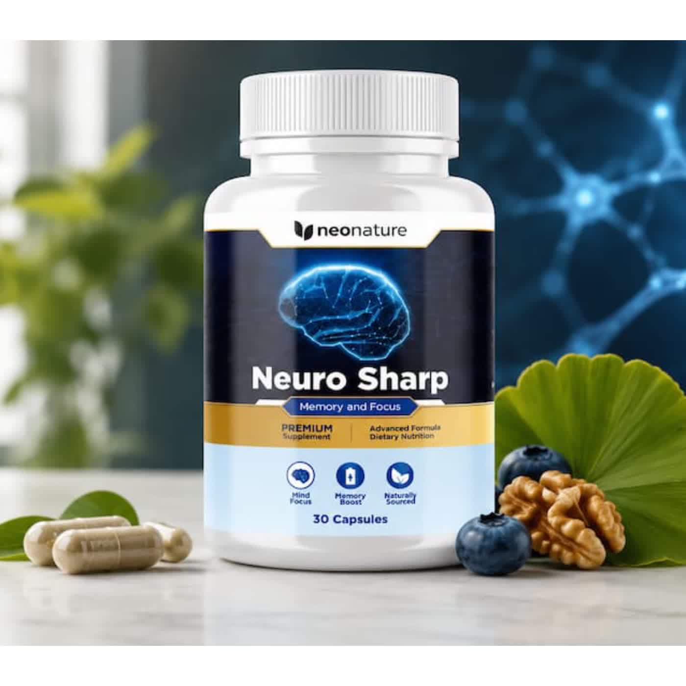 Neuro Sharp product bottle with capsules, ginkgo leaf and walnuts